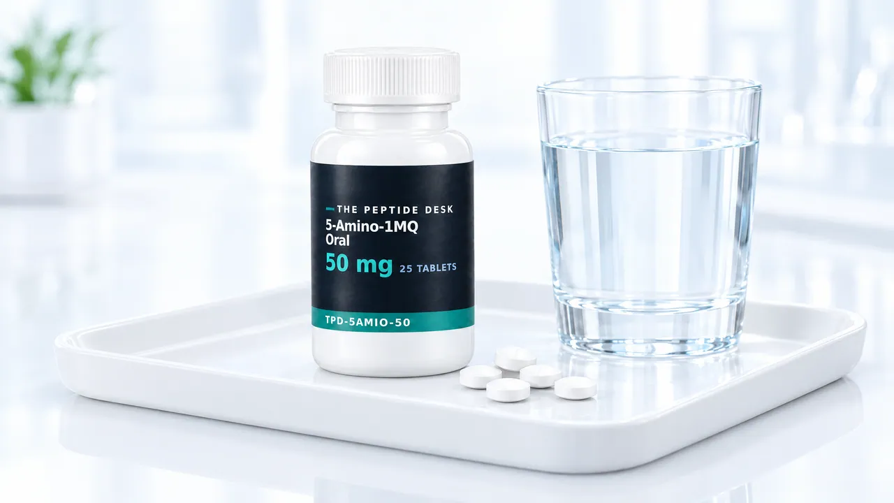 White bottle with a black TPD label for 5-Amino-1MQ Oral on a white tray, next to it a few white tablets and a glass of water