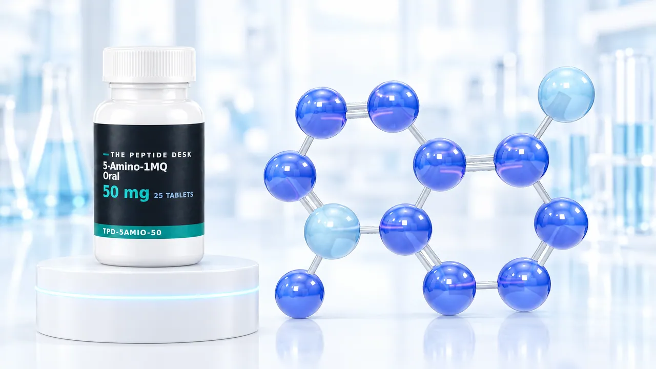 White tablet bottle with a black TPD label for 5-Amino-1MQ Oral on a white podium, next to it a large double-ring molecule of blue glass spheres in a bright lab