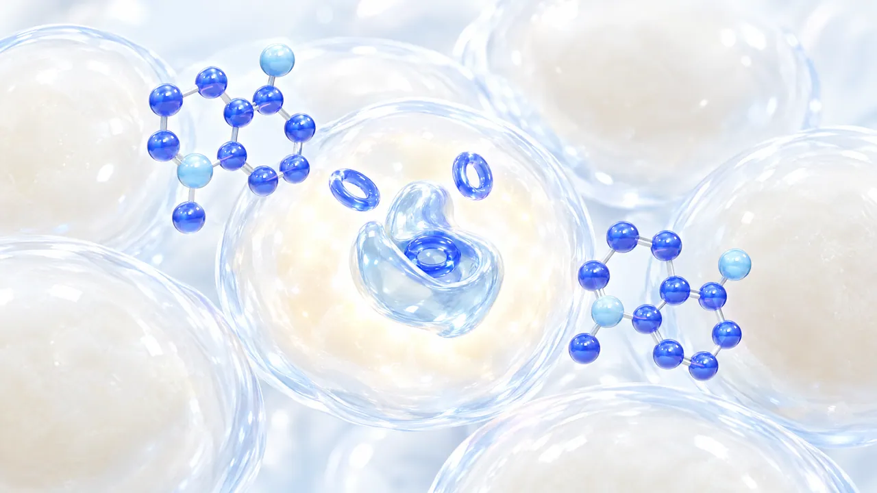 Translucent fat cells as glass spheres, in the centre a glass enzyme shape holding a small blue molecule, blue ring molecules next to it