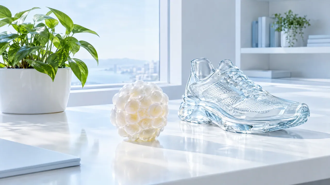 Glass running shoe next to a cluster of white spheres as fat tissue on a bright desk, a green plant beside it