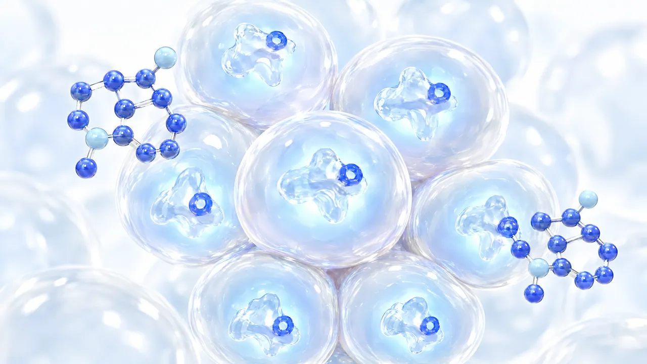 Cluster of pale glass spheres as fat cells, each holding a glass enzyme shape with a small blue ring, two blue double-ring molecules outside