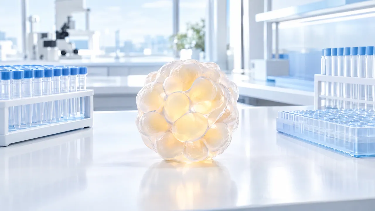 Bright lab bench with sample racks, in the centre a frosted glass piece of fat tissue glowing warmly from within