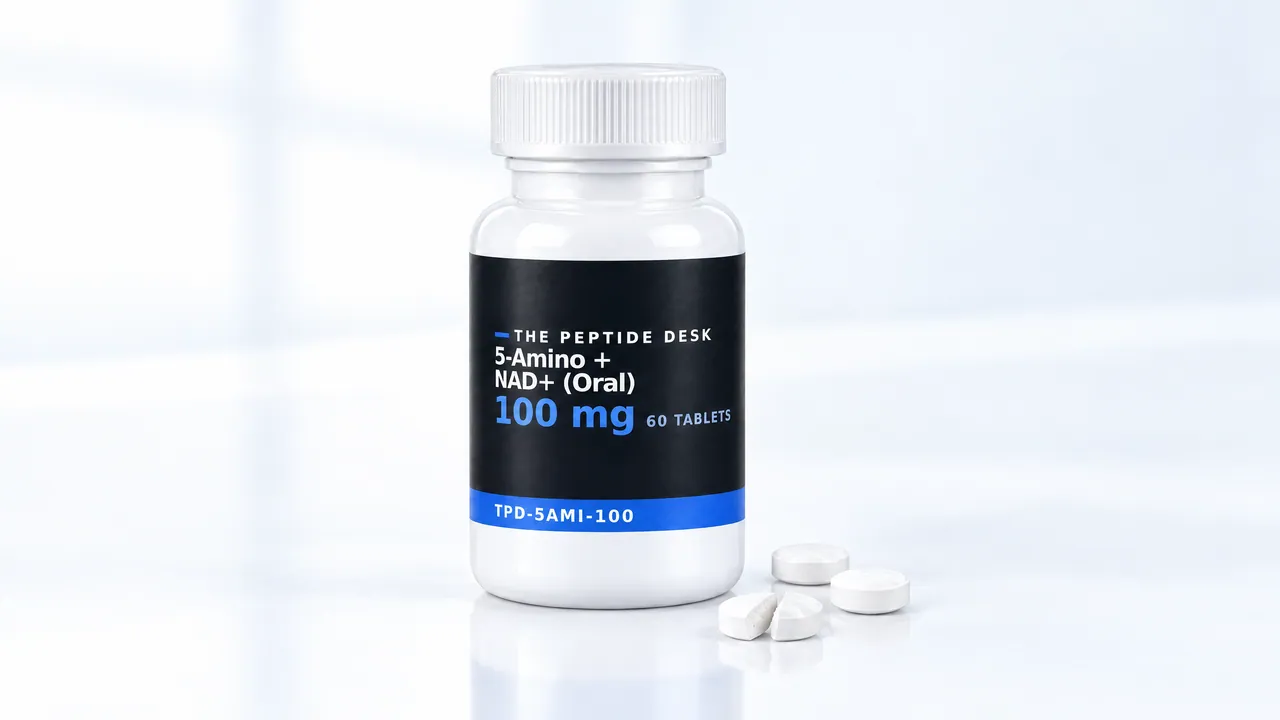 White tablet bottle with the black TPD label on a bright background, a few white tablets in front of it