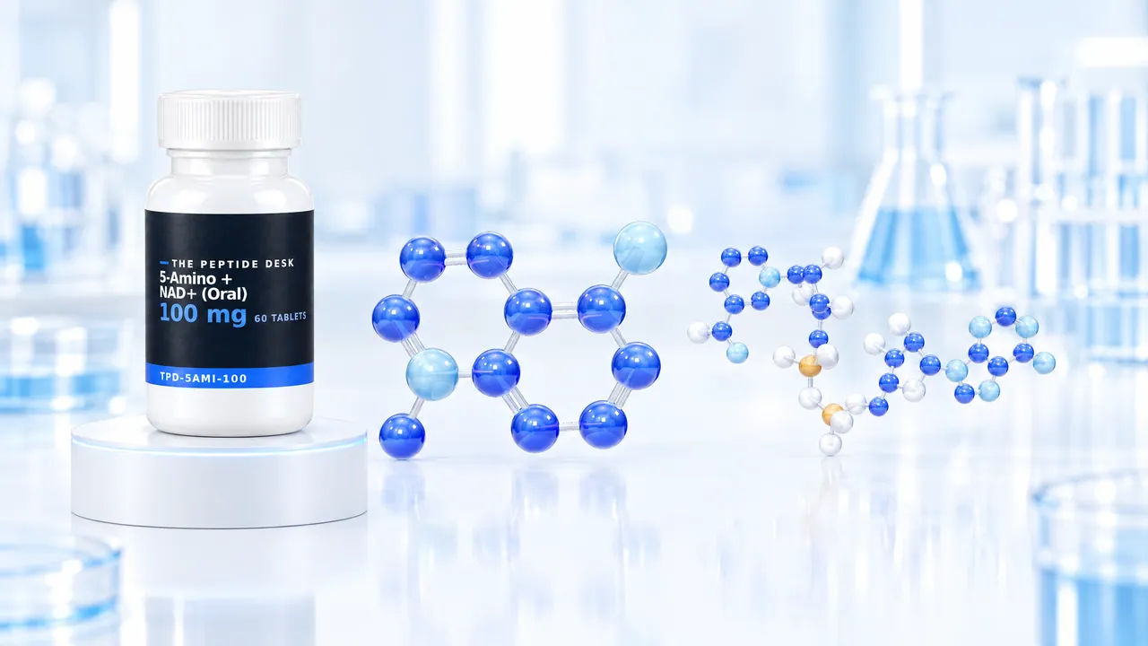 White tablet bottle with the black TPD label on a white podium, next to it blue 3D molecules in a bright lab