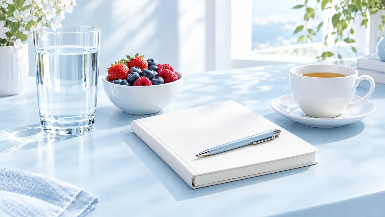Bright table with a glass of water, a bowl of berries, a cup of tea and a notebook with a pen