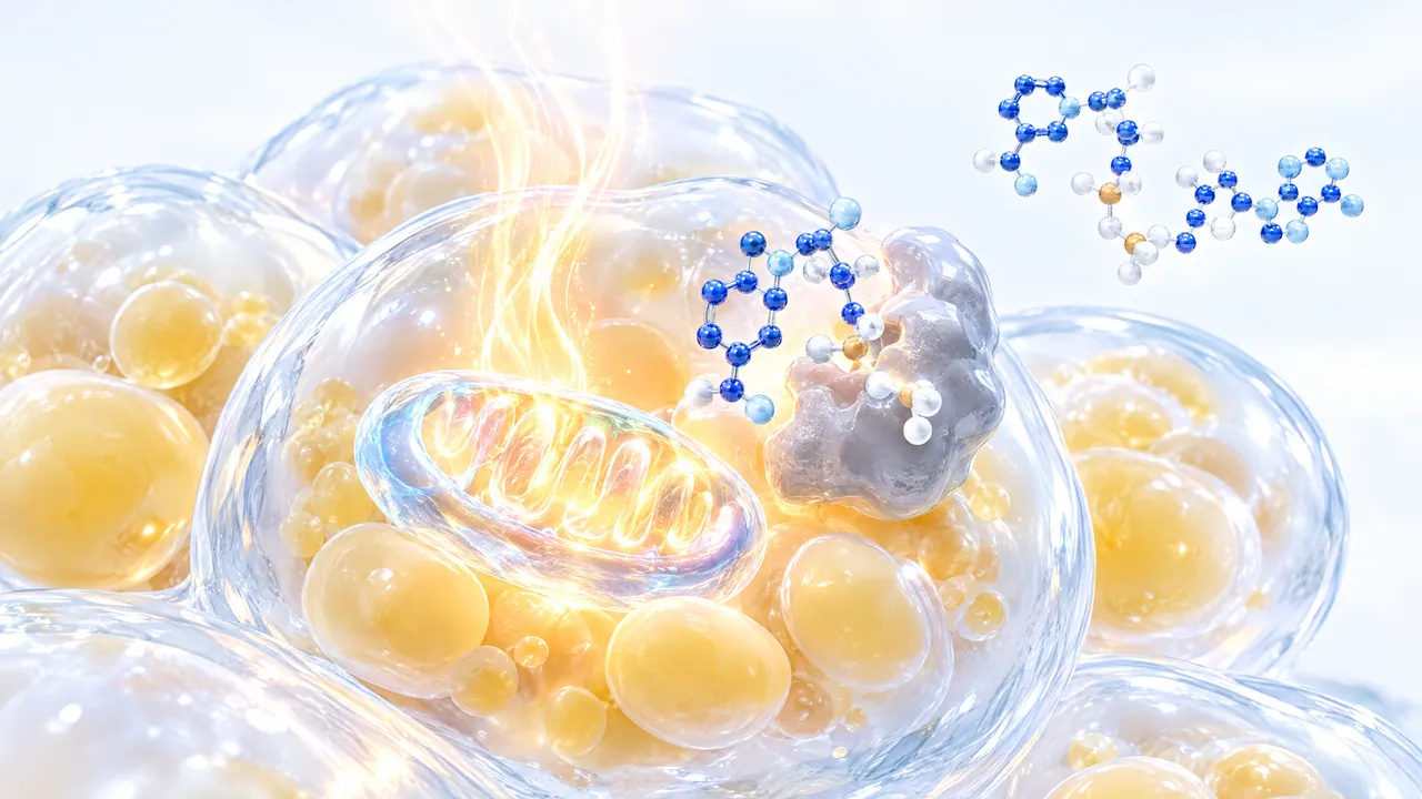 Translucent fat cells with yellow fat droplets, a glowing mitochondrion in the middle, beside it a blue molecule binds to a grey enzyme