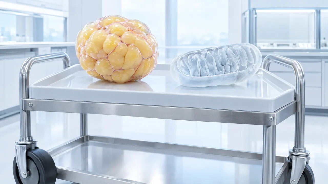 Stainless steel lab trolley with a yellow model of fat tissue and a glass model of a mitochondrion