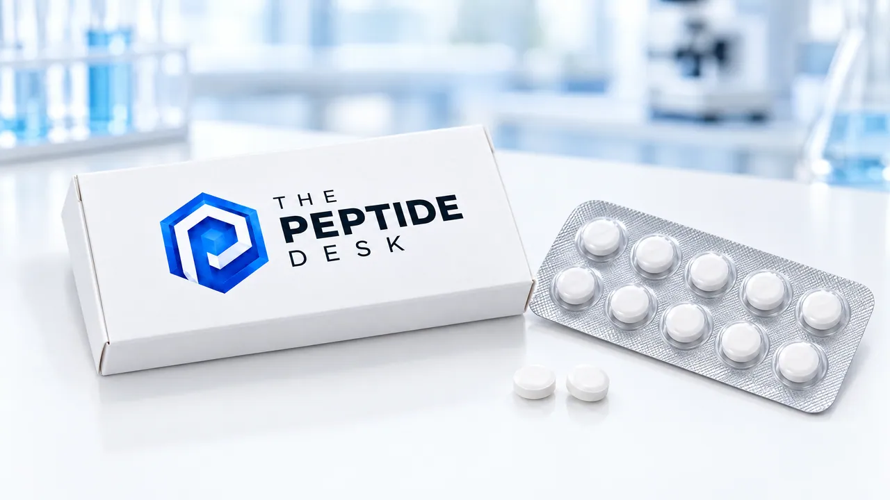 White folding box with the TPD logo, next to it a blister with ten white tablets and two loose tablets on a bright lab bench