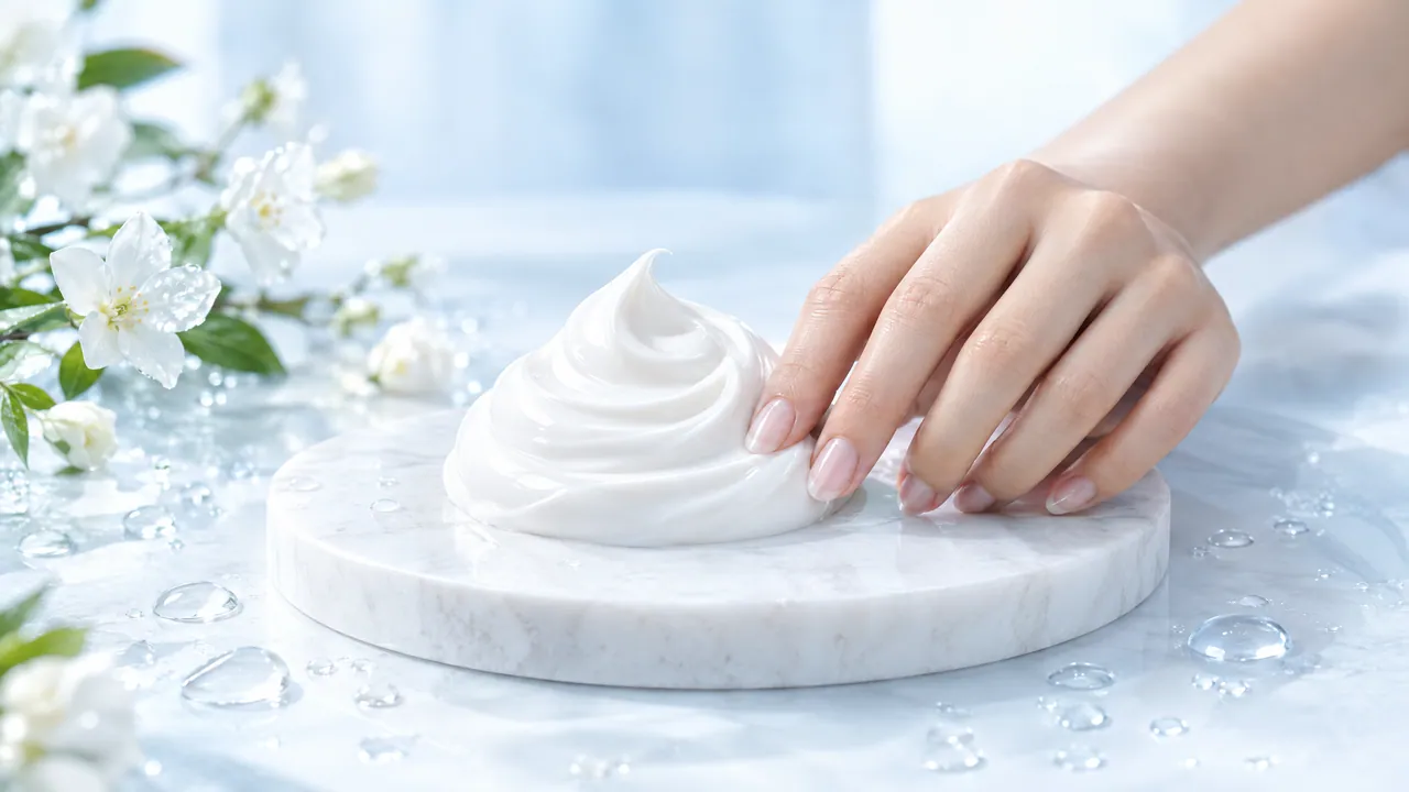 Hand touching a swirl of white cream on a light marble slab with water droplets and white flowers