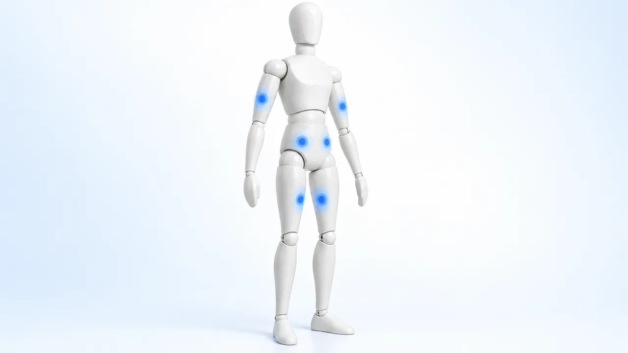 White jointed mannequin with glowing blue dots on the abdomen, thighs and upper arms against a light background