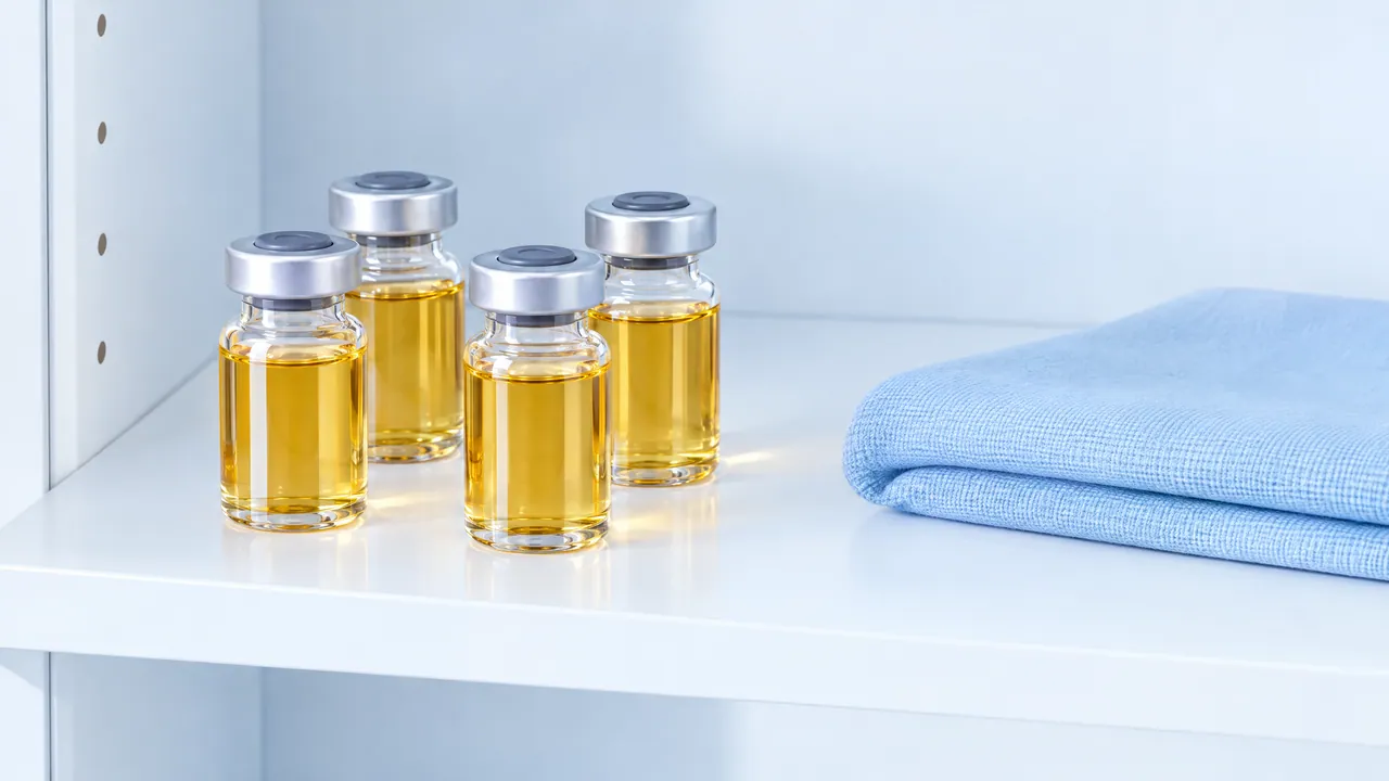 Four glass vials with golden oil and grey caps on a white shelf, next to them a folded light blue cloth