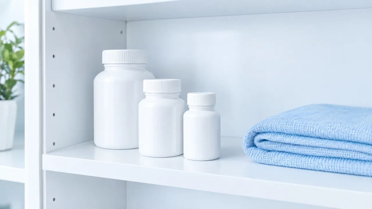 Three white bottles on a bright shelf next to a folded light blue towel