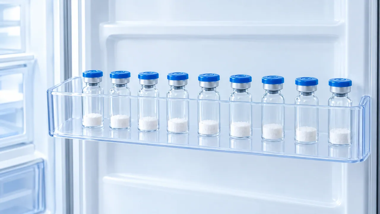 Nine vials with white powder and blue caps in the door shelf of a bright fridge