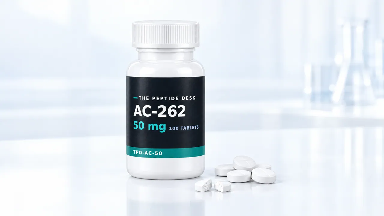 White tablet bottle with a black TPD label for AC-262 on a bright table, next to a few white scored tablets and a halved tablet