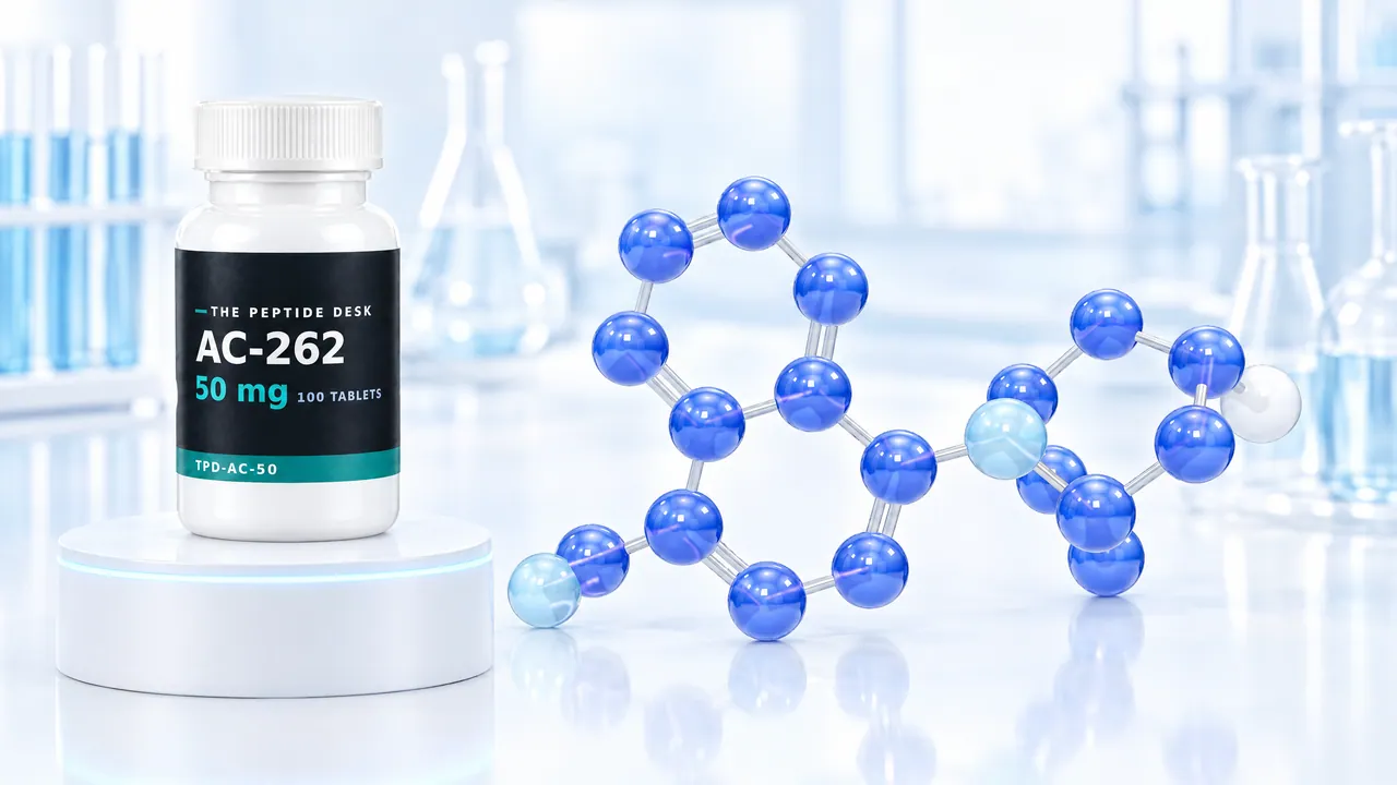 White tablet bottle with a black TPD label for AC-262 on a white podium with a glowing rim, next to a large blue 3D molecule model in a bright lab