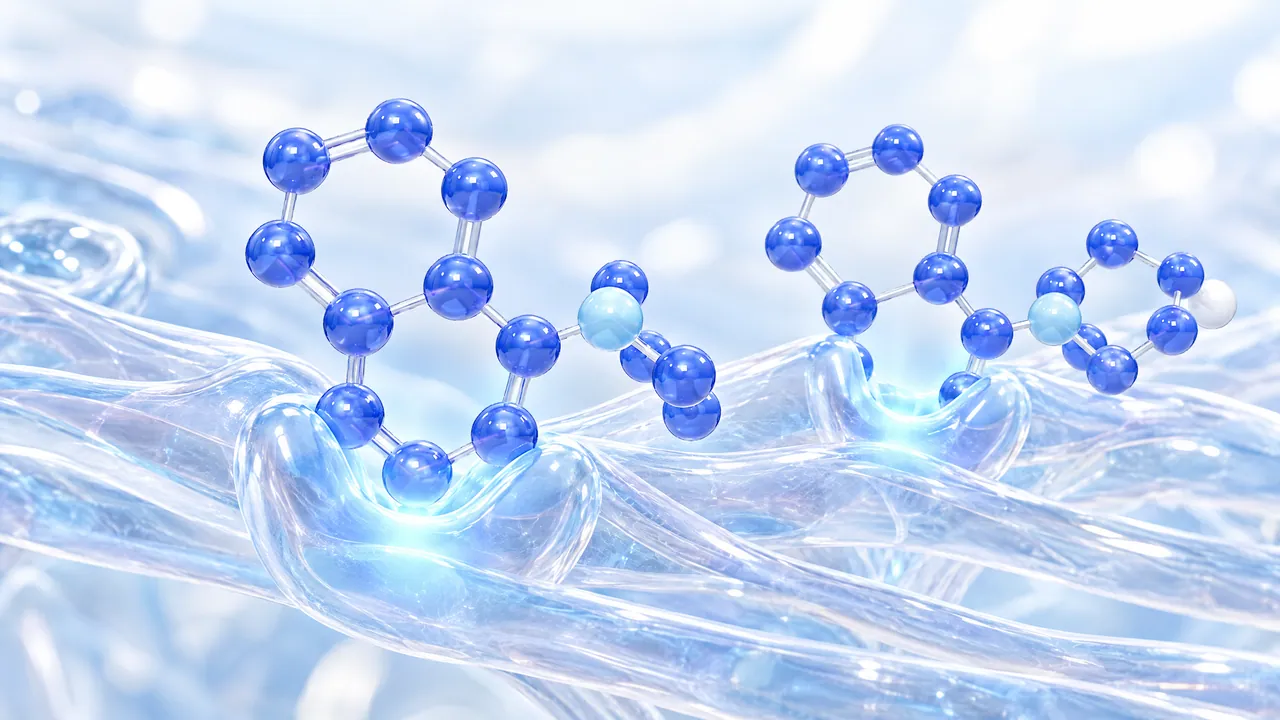 Two blue 3D molecules dock into glowing pockets on transparent glass muscle fibres