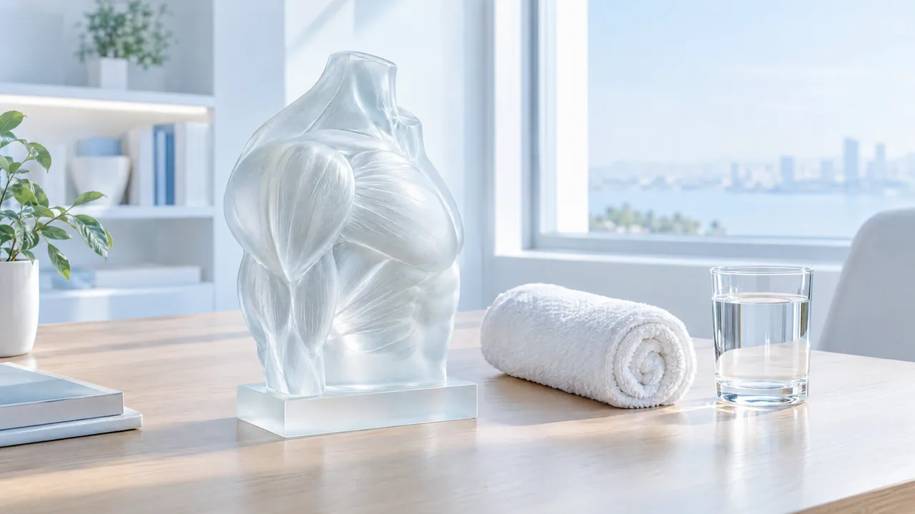 Translucent glass sculpture of an upper body with muscles on a wooden table, next to a rolled white towel and a glass of water in front of a bright window
