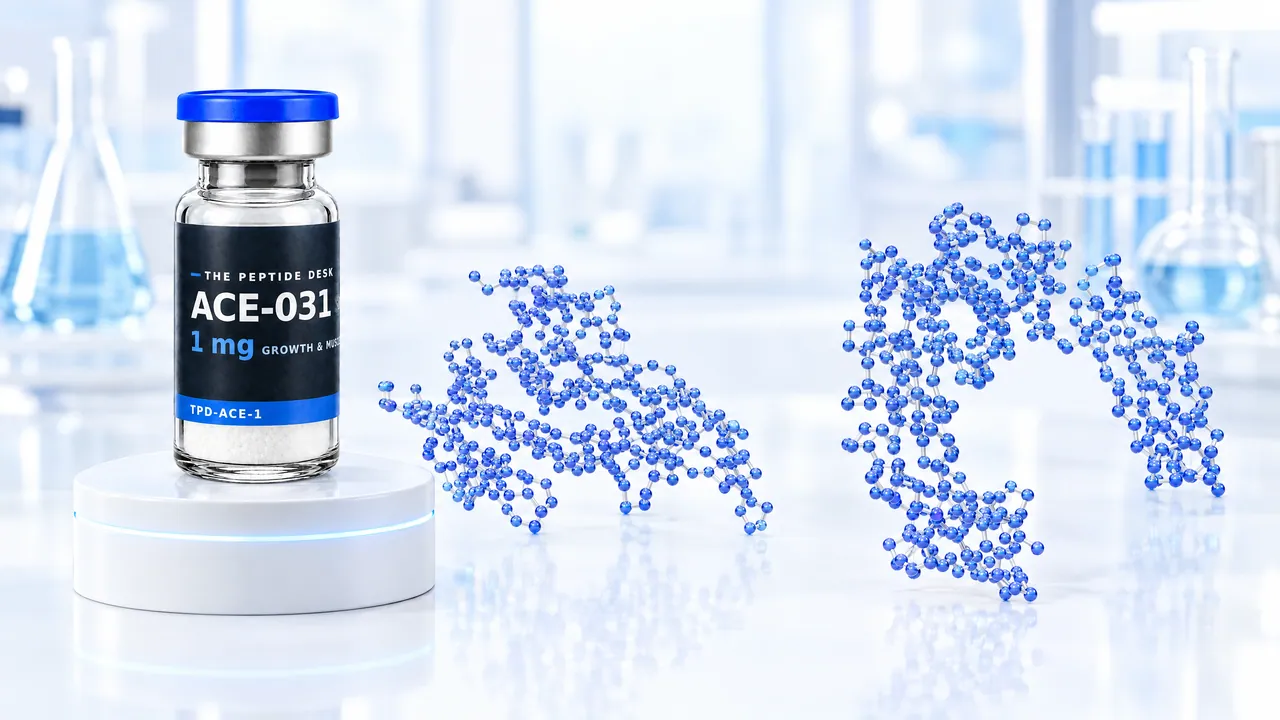 ACE-031 vial with white powder and the black TPD label on a white podium, next to it two large blue protein models made of many spheres in a bright lab