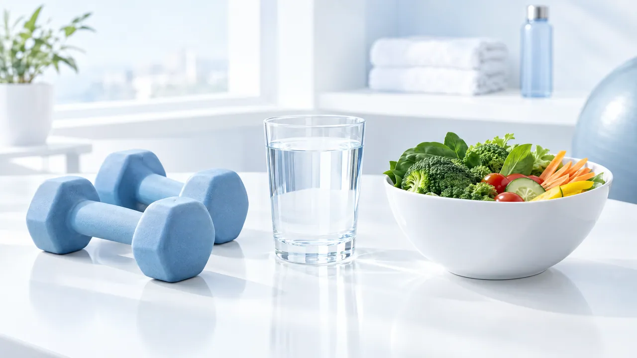 Two light blue dumbbells, a glass of water and a bowl of salad with broccoli, tomatoes and carrots on a bright table