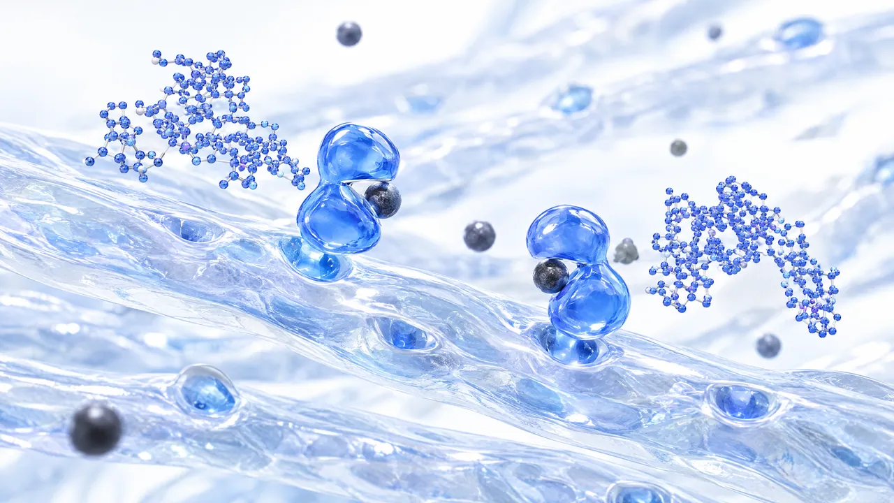 Transparent muscle fibres with docking sites, on them blue two-lobed glass shapes holding dark spheres, above them blue protein models made of many spheres