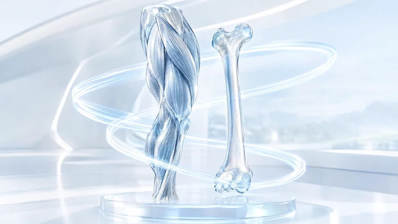 Glass sculpture of a thigh muscle and a thigh bone on a round glass base, surrounded by bright light trails