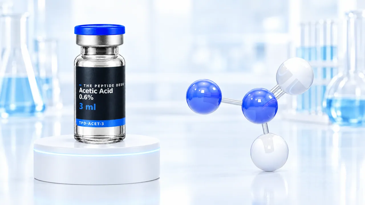 Vial with the black TPD label for acetic acid 0.6% on a white podium, next to it a model of two blue and two white spheres in a bright lab
