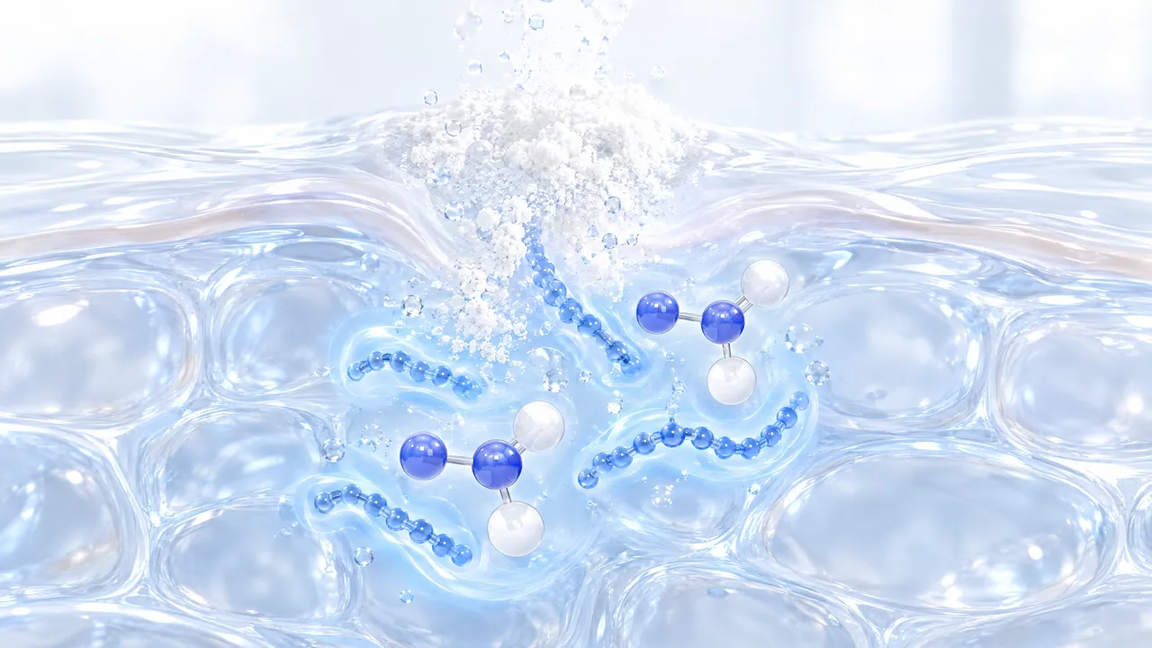 White powder sinking into a clear liquid, blue bead chains unfurling from it, next to them two small molecules of blue and white spheres