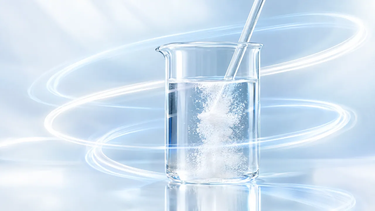 Beaker with clear liquid and a glass rod, a white powder dissolving in it, surrounded by bright light trails
