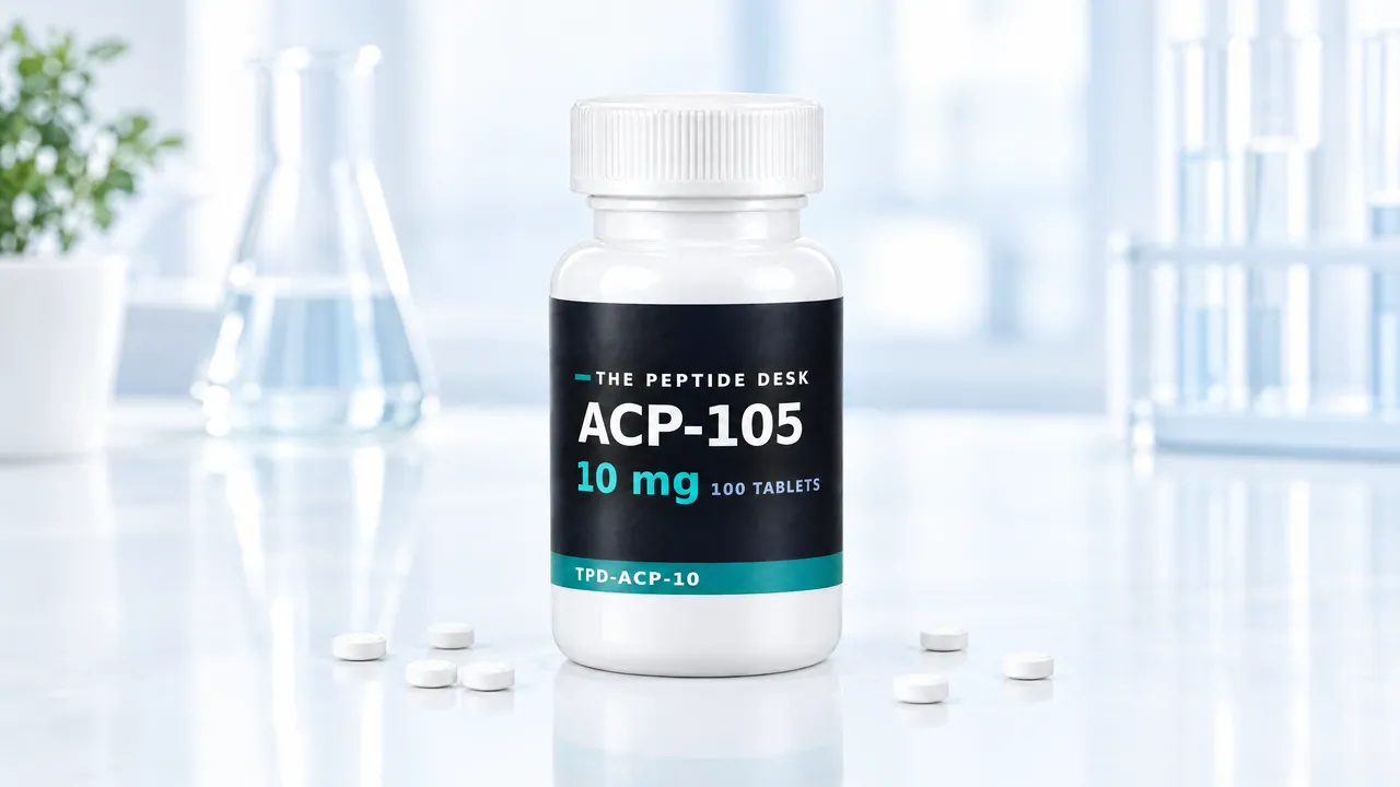 Weiße Tablettendose mit schwarzem TPD-Etikett für ACP-105 auf einem hellen Labortisch, daneben einige kleine weiße Tabletten