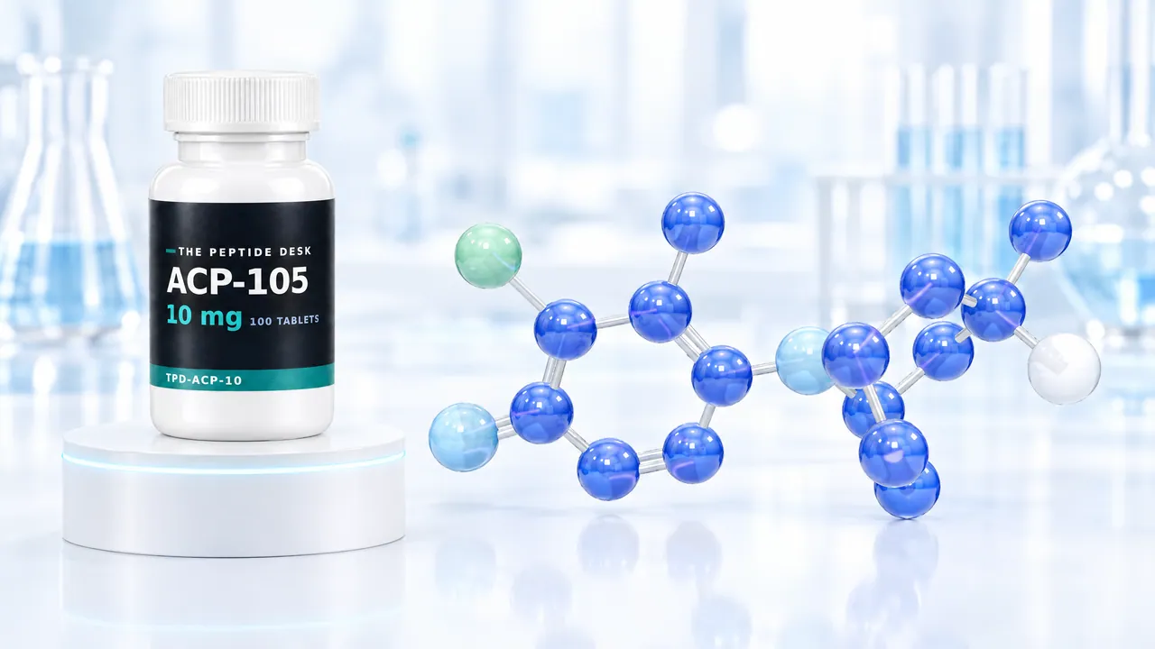 Weiße Tablettendose mit schwarzem TPD-Etikett für ACP-105 auf einem weißen Podest mit leuchtendem Rand, daneben ein großes blaues 3D-Molekülmodell in einem hellen Labor