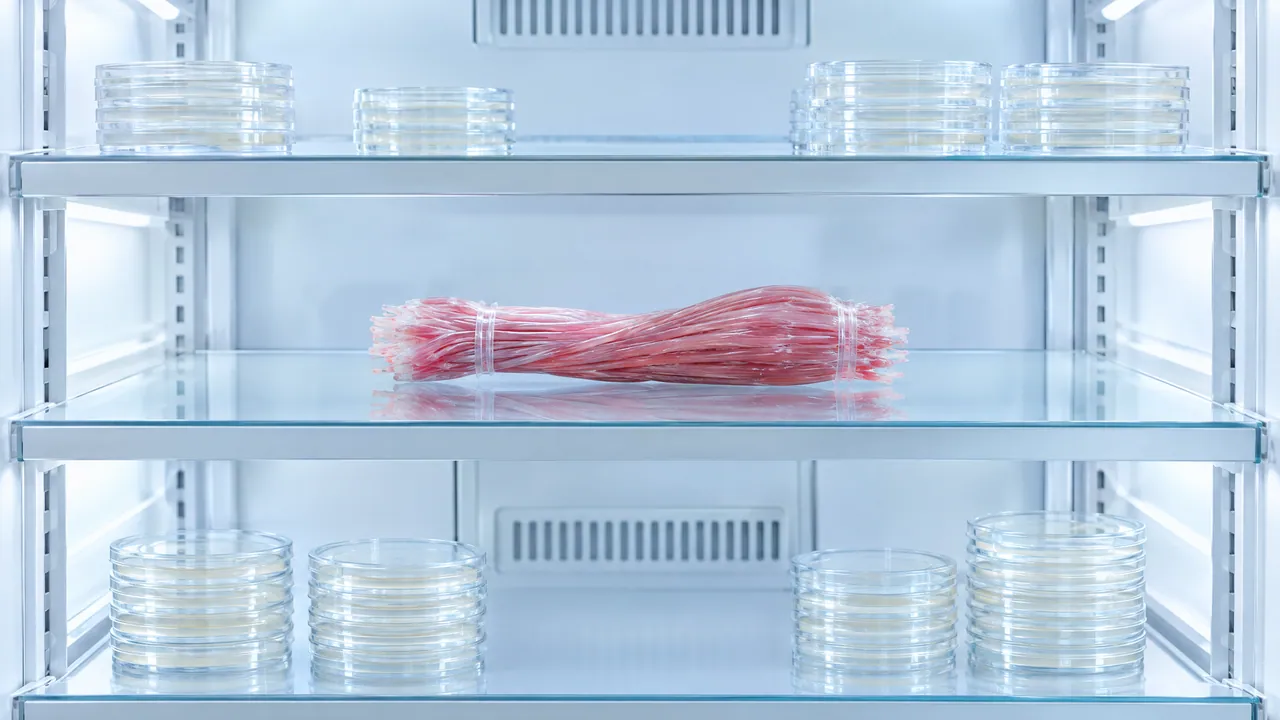Bündel aus rosa Muskelfasern auf einer Glasplatte in einem hell beleuchteten Laborschrank, darüber und darunter gestapelte Petrischalen