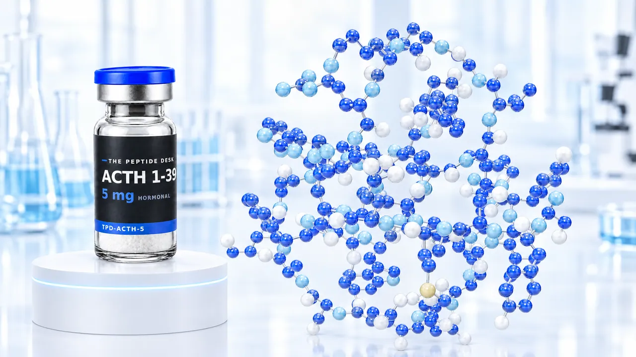 ACTH 1-39 vial with white powder and the black TPD label on a white podium, next to it a large molecule model of blue, light blue and white spheres in a bright lab