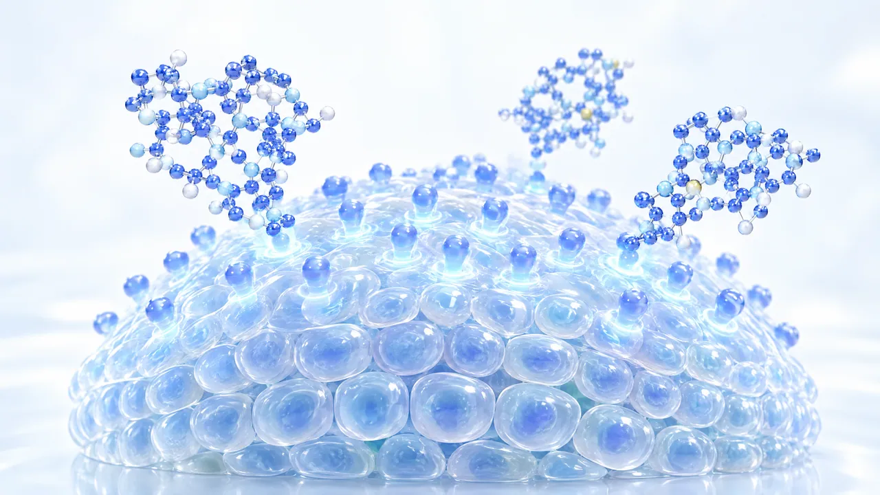 Domed layer of transparent cells with blue docking sites where blue molecule models made of many spheres dock and light up