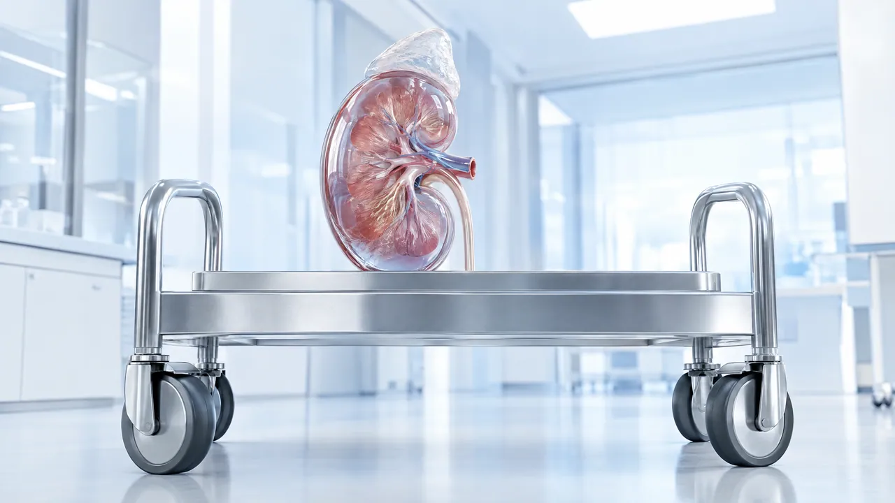 Glass model of a kidney with vessels and a frosted adrenal gland on top, on a stainless steel cart in a bright lab