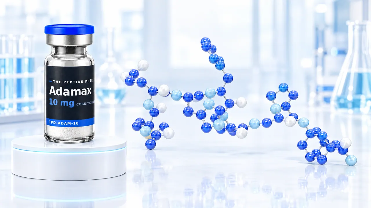 Adamax vial with white powder and the black TPD label on a white round podium, next to a long blue and white 3D molecule model in a bright lab with glass flasks