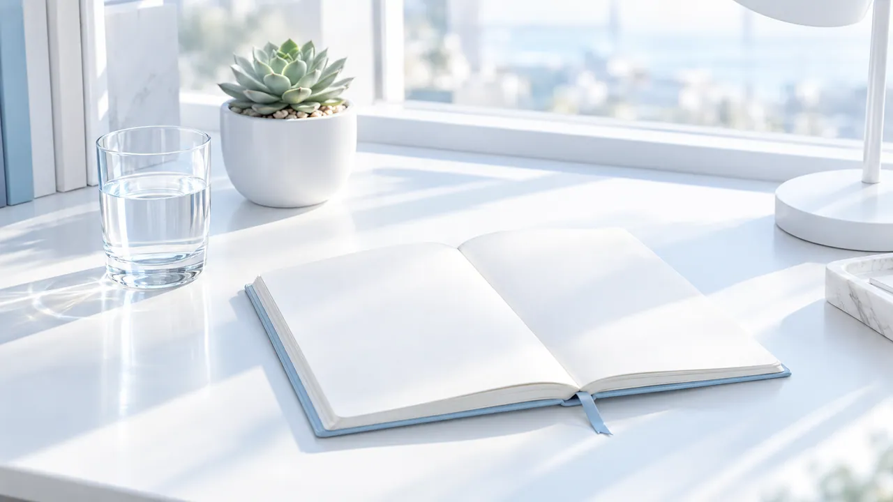 Bright desk by a window with a glass of water, a small succulent in a pot and an open blank notebook
