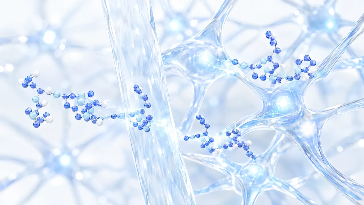 Glass network of nerve cells behind a transparent glass wall, small blue chain molecules pass through and make the branches light up