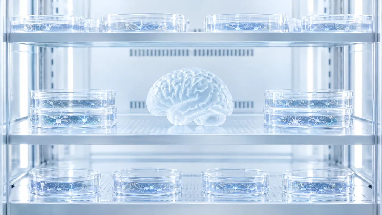 Bright shelves of an incubator with petri dishes, a frosted glass brain model in the middle