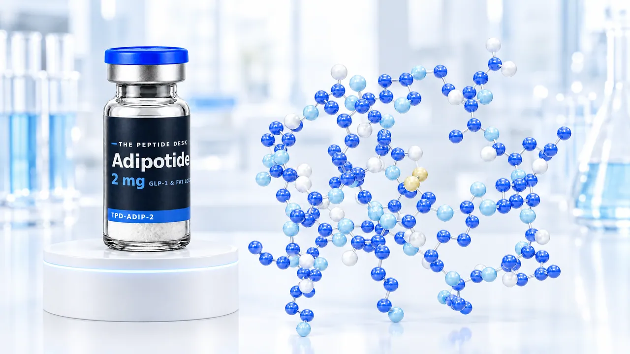 Vial with white powder, a blue cap and a black TPD label for Adipotide on a white podium, next to it a large, branched molecule model of blue and white glass spheres in a bright lab