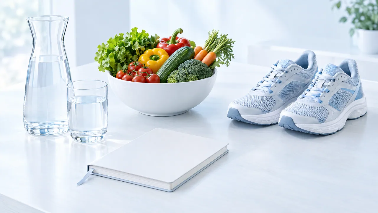 Light table with a carafe and a glass of water, a bowl of fresh vegetables, a pair of running shoes and a closed notebook