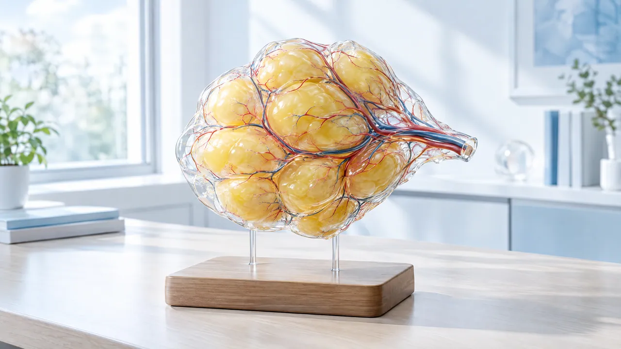 Glass fat lobule with yellow fat cells and fine red and blue vessels on a wooden stand in a bright study