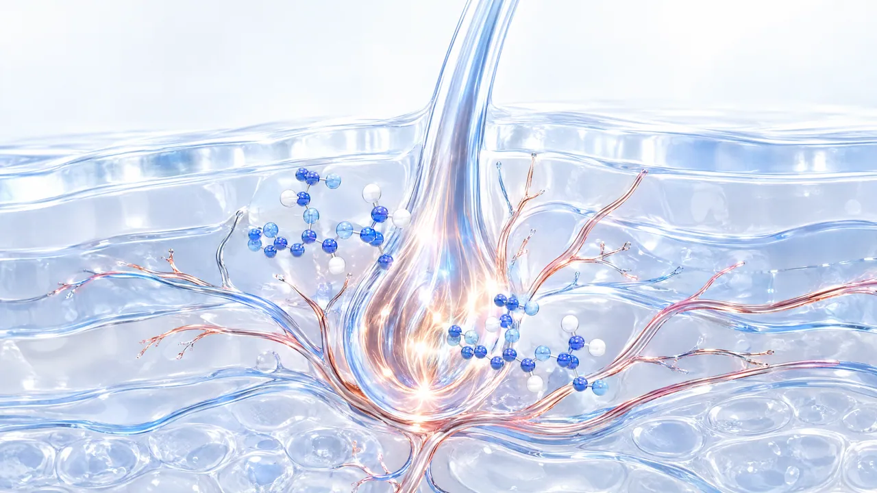 Glass hair root in layered glass skin, surrounded by fine copper-red vessels, small blue molecules beside it