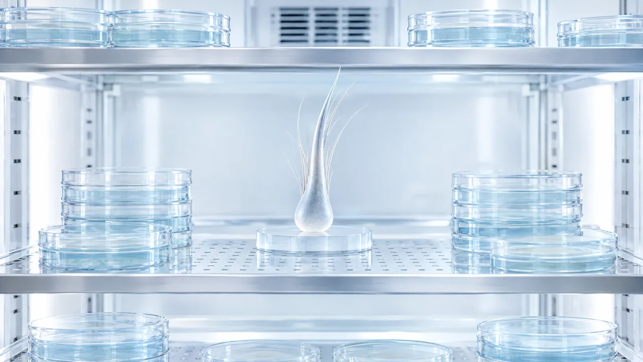 Incubator shelves with stacked petri dishes, in the middle a frosted glass hair root with fine hairs