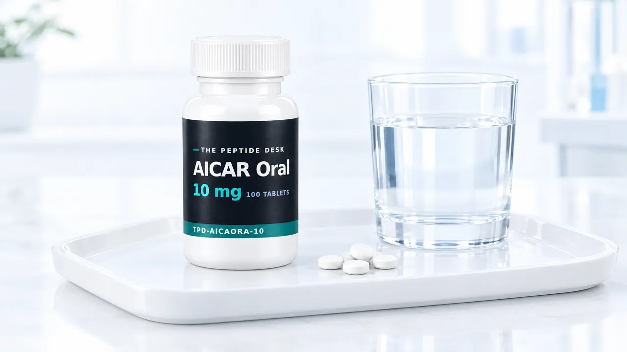 White tablet bottle with a black TPD label for AICAR Oral, a glass of water and a few white tablets on a white tray