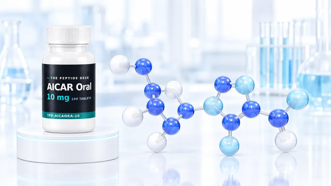 White tablet bottle with a black TPD label for AICAR Oral on a white podium, next to it a molecule model of blue and white glass spheres with two rings in a bright lab