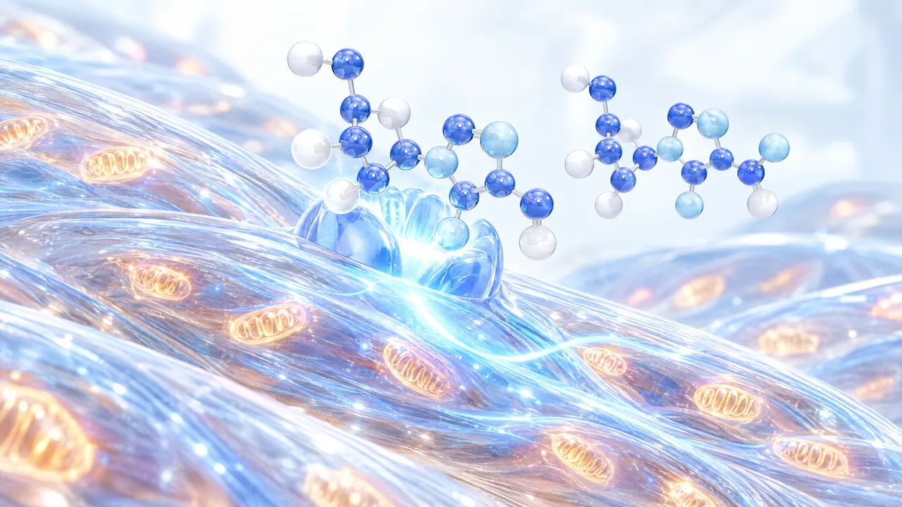 Glass muscle fibres with orange glowing mitochondria, blue molecules dock onto a glass sensor shape and make it light up