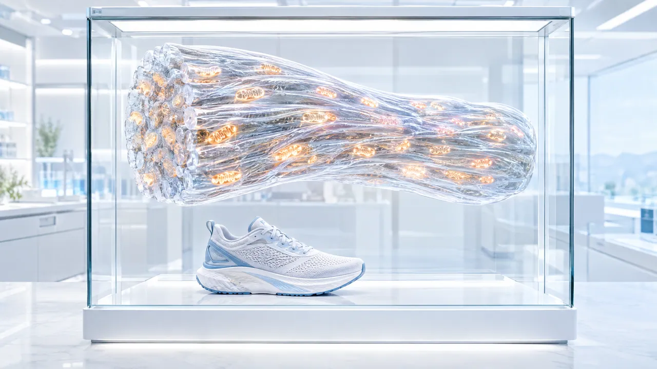 Glass display case with a glass bundle of muscle fibres full of orange glowing mitochondria, a white running shoe below it