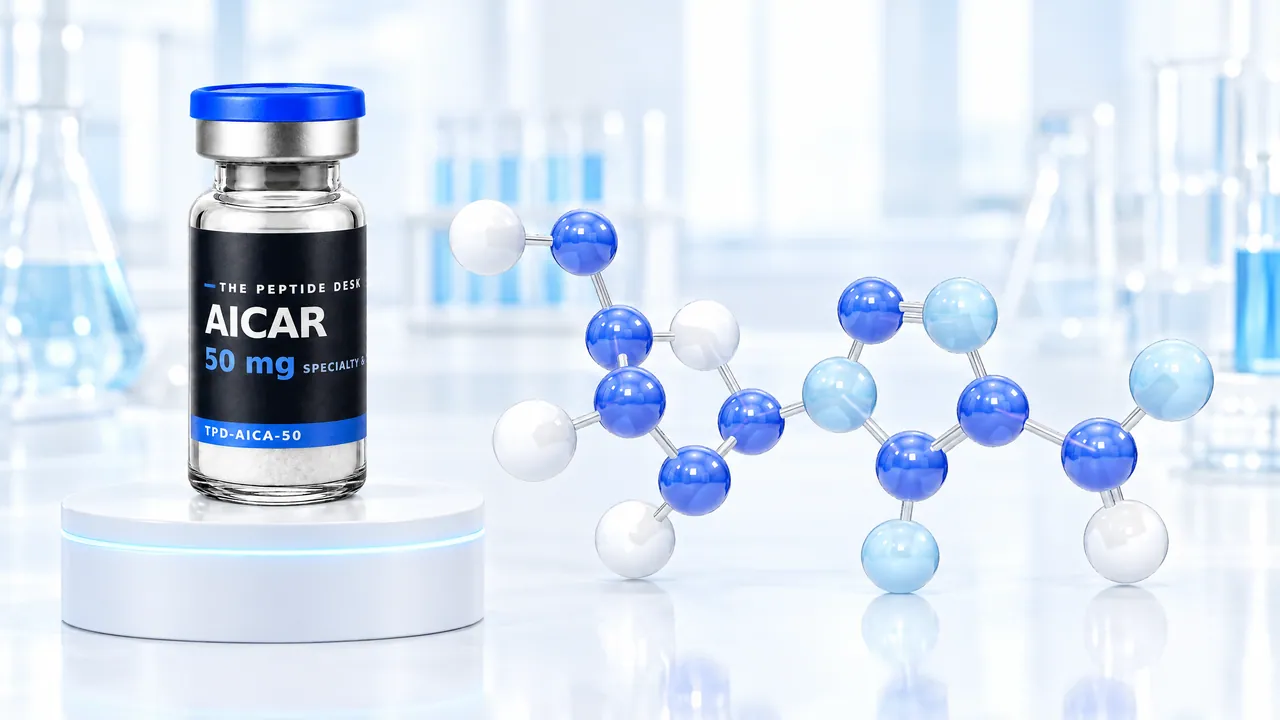 AICAR vial with white powder and the black TPD label on a white round podium, next to a blue and white 3D molecule model with a ring structure in a bright lab