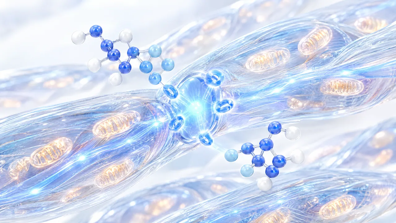 Transparent glass muscle fibres with glowing orange mitochondria, a glass sensor shape in the middle lights up as small blue ring molecules dock onto it