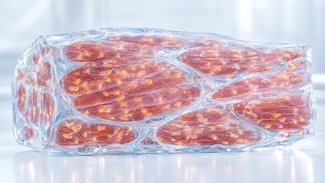 Glass block of muscle tissue with reddish fibres and many small glowing mitochondria against a light background